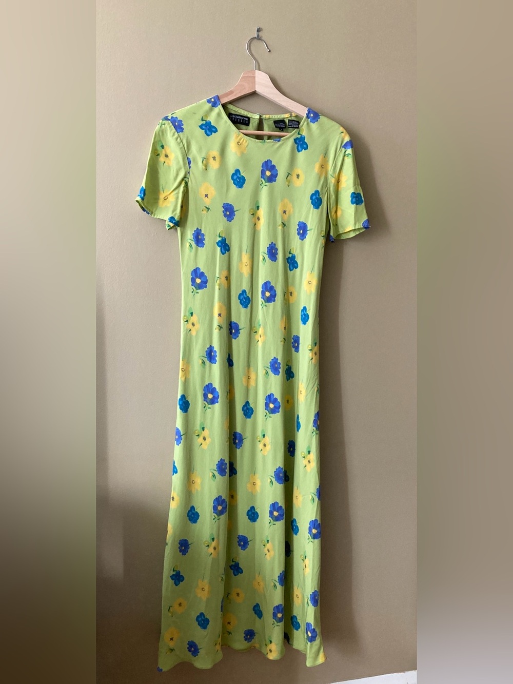 Liz Claiborne Bright Green Maxi Dress with Blue & Yellow Floral Vintage 90s
